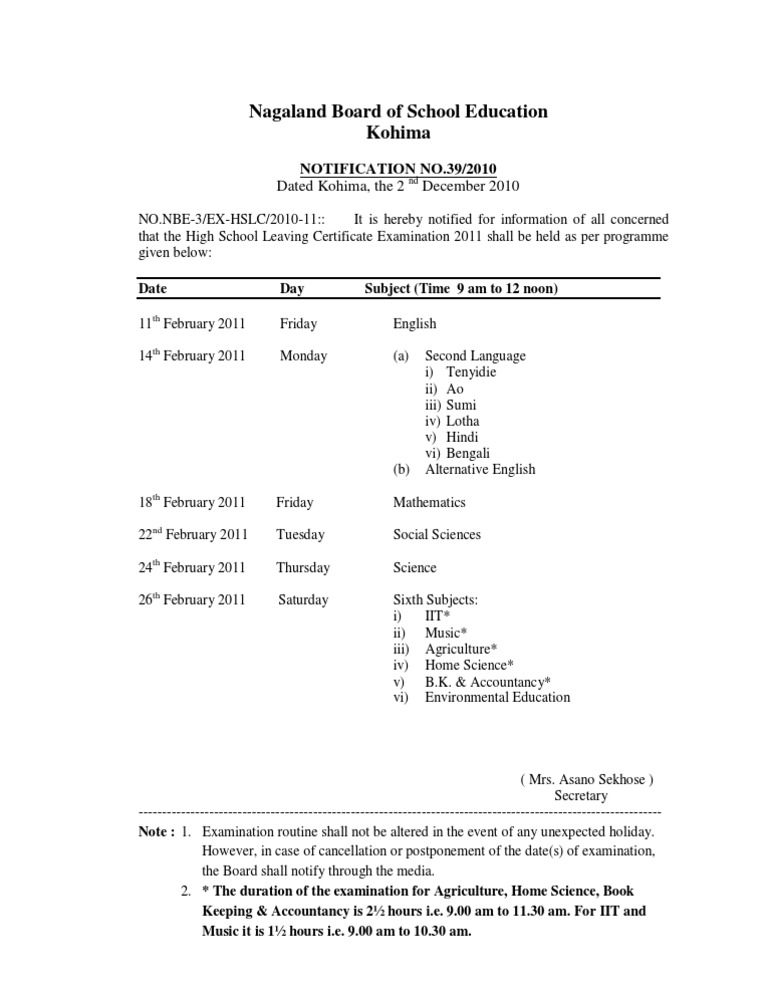 HSLC Exam Schedule 2011 Notification | PDF