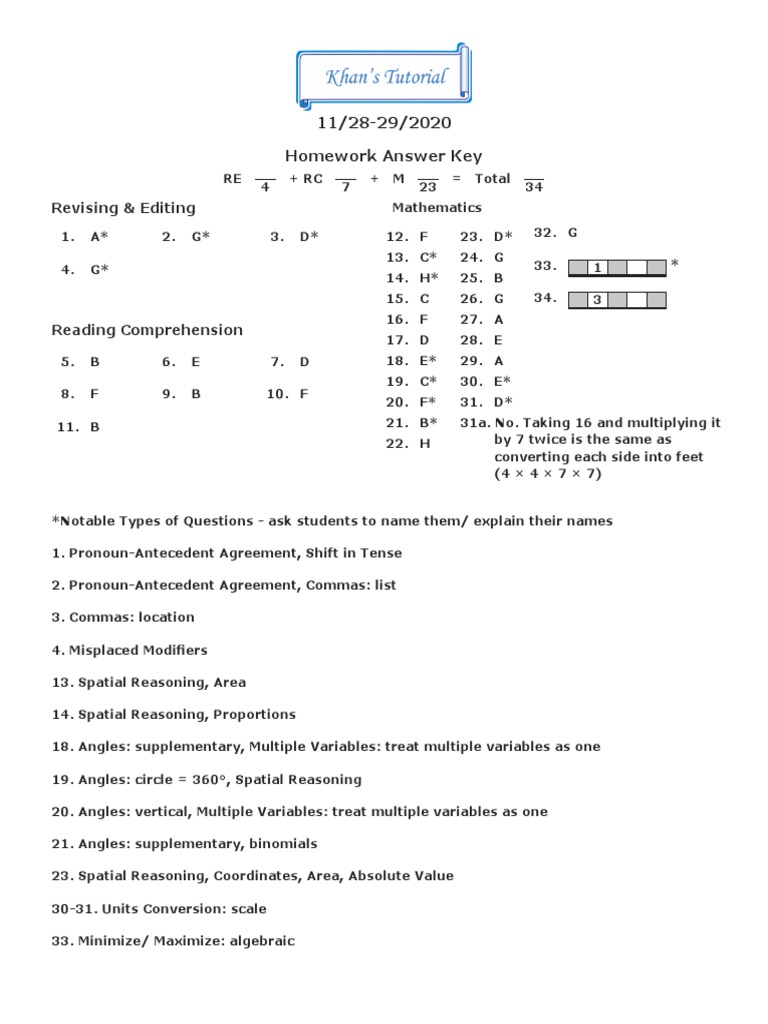 SHSAT 8thGr 20-11-28 HW Answers | PDF