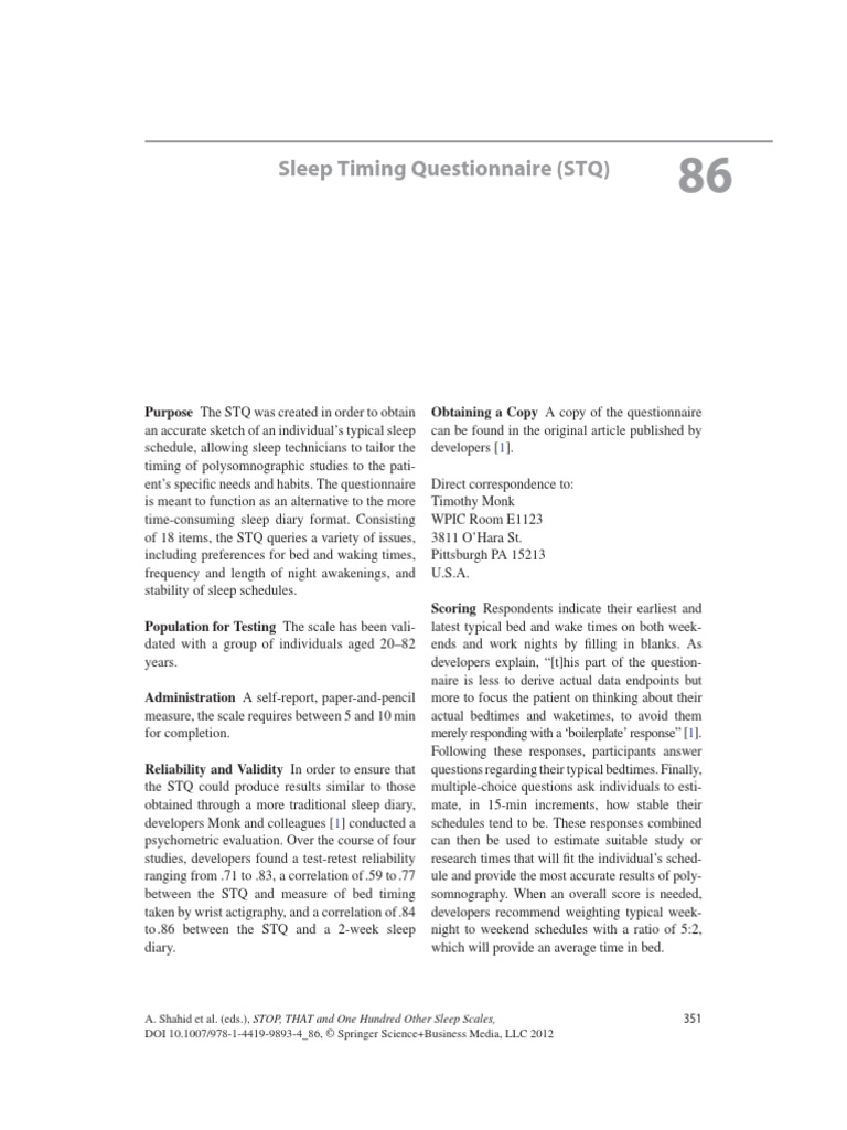 Sleep Timing Questionnaire (STQ) PDF Sleep Psychological Testing