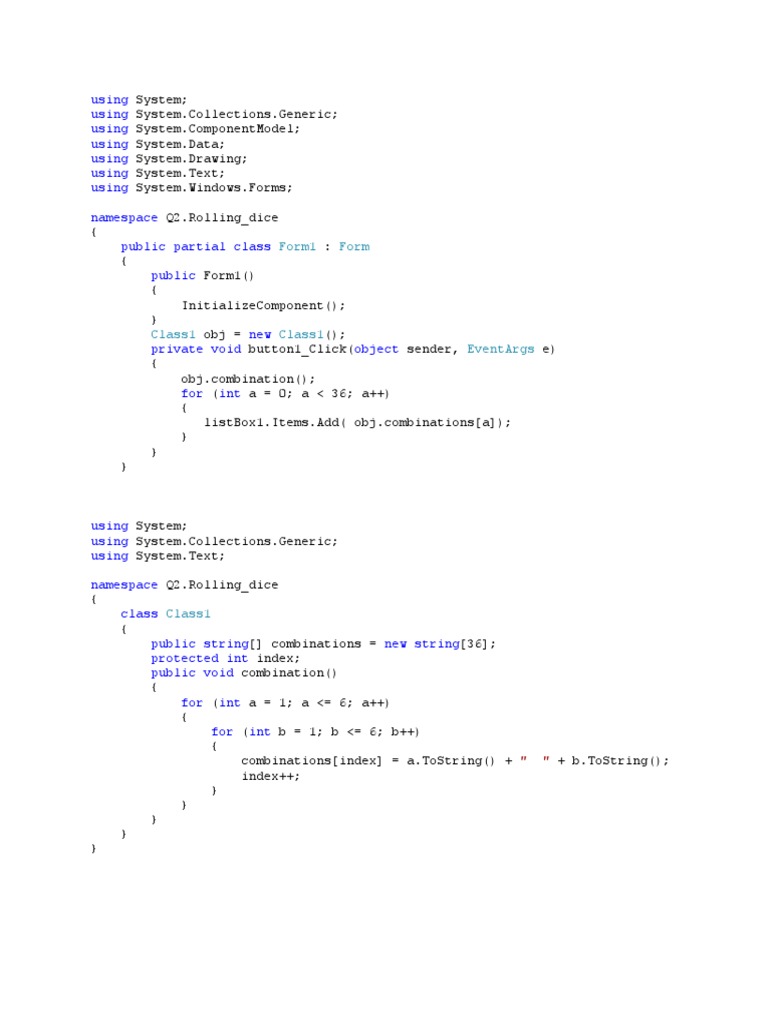 Dice Combination Generator in C# | PDF