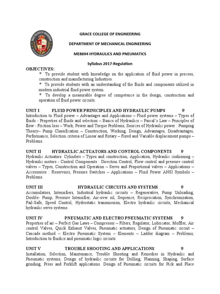 ME8694 Hydraulics and Pneumatics Syllabus PDF Pump Gas Technologies