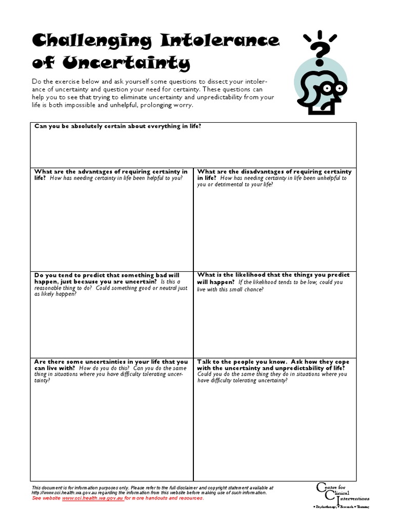 Generalised Anxiety Worksheet - 04 - Challening Intolerance of ...