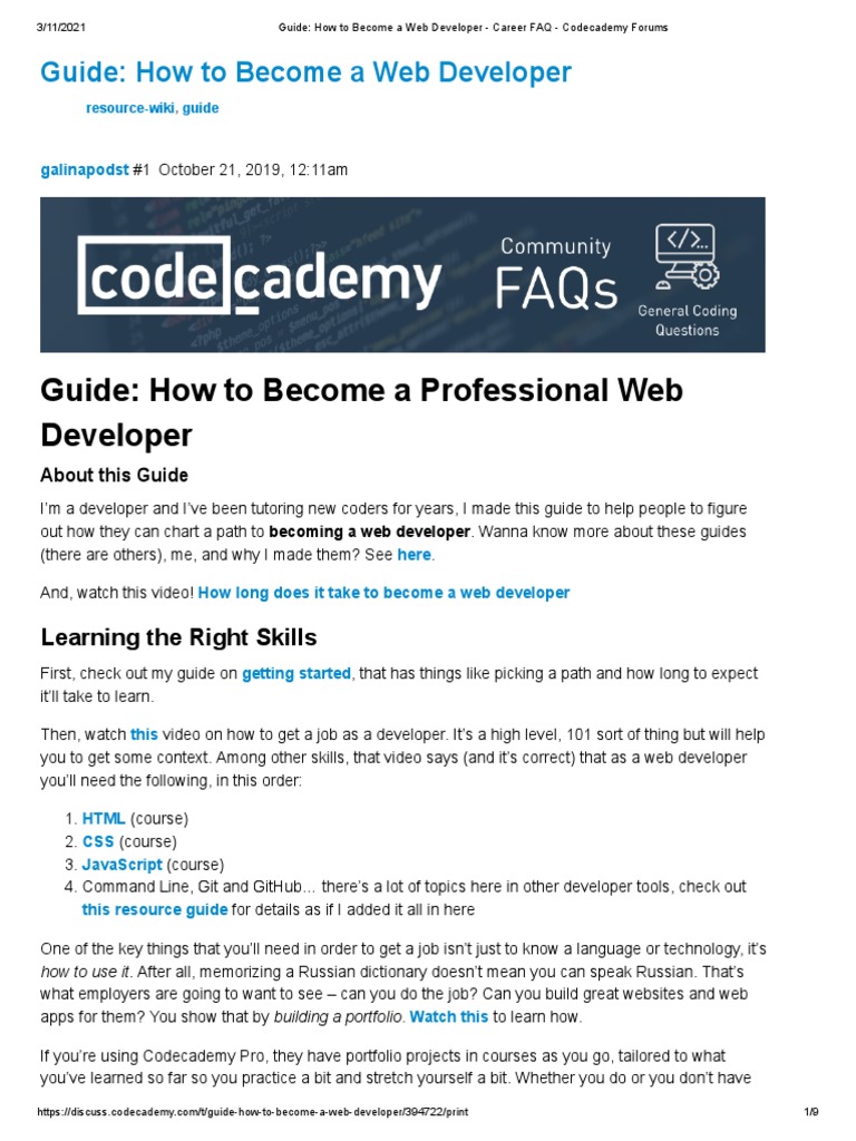 Guide How To A  Developer Career FAQ Codecademy Forums