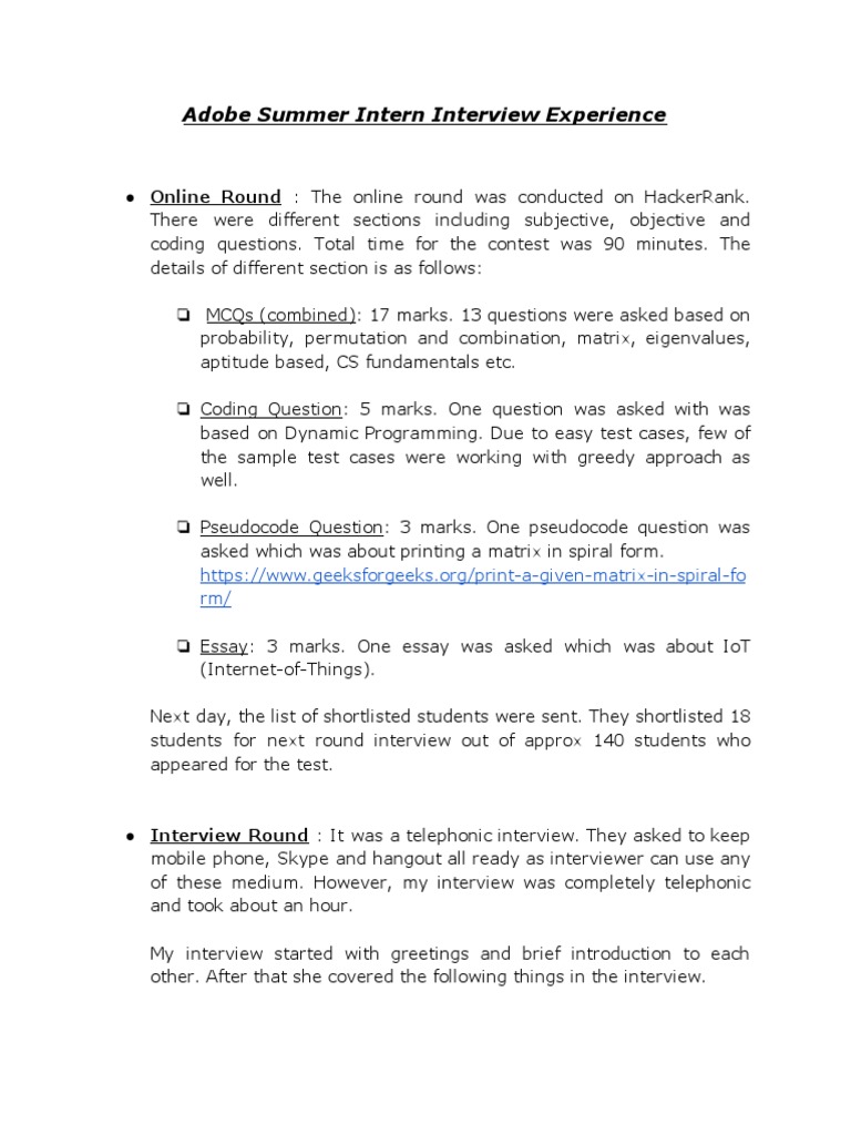 Adobe Summer Intern Interview Insights | PDF | Computer Data ...