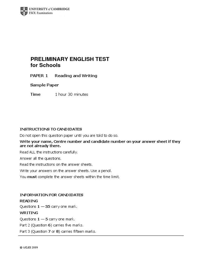 Preliminary English Test For Schools Paper 1 Reading and Writing