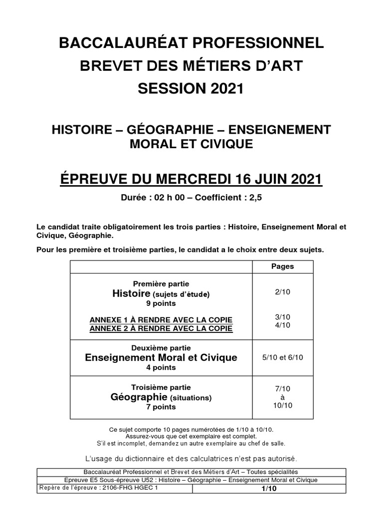Sujet Brevet Professionnel Histoire géographie 2022 Sujet HGEC | PDF | Plastique | Union européenne