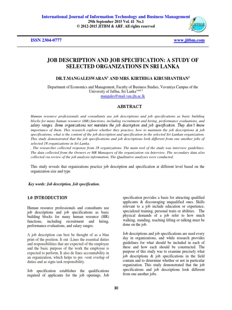 Job Description and Job Specification A Study of | PDF | Expert | Human ...