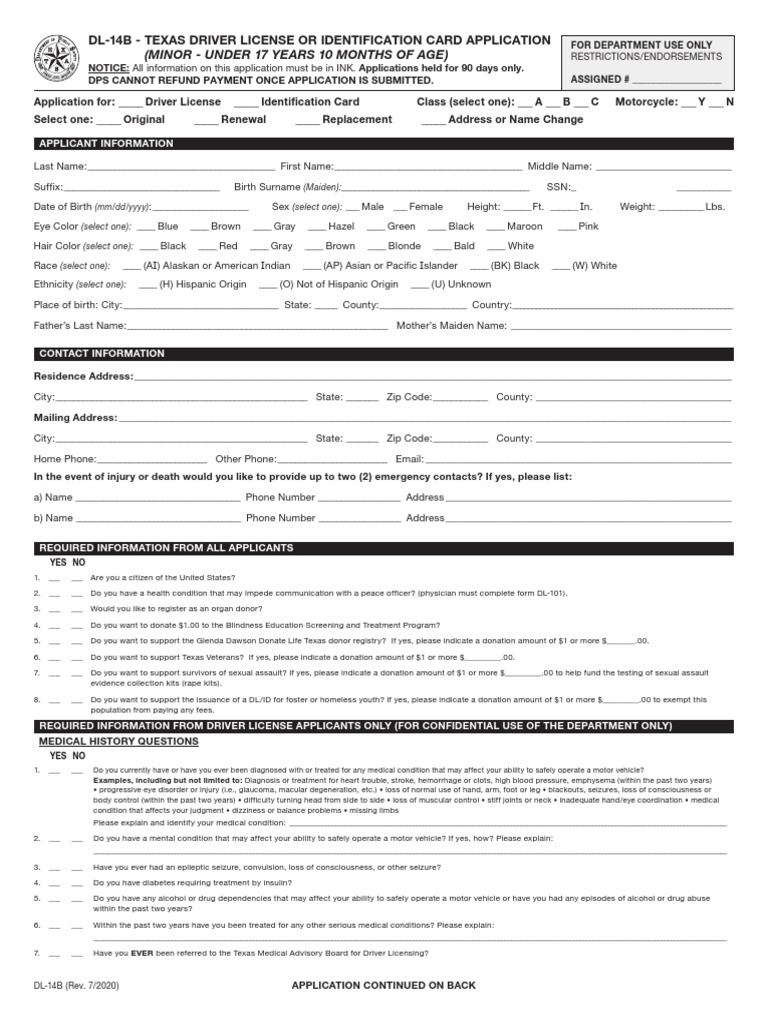(Minor Under 17 Years 10 Months of Age) Dl14B Texas Driver
