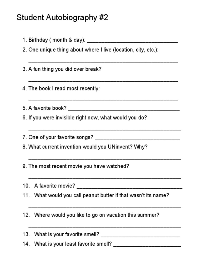 Student Autobiography Questionnaire | PDF | Language Arts & Discipline