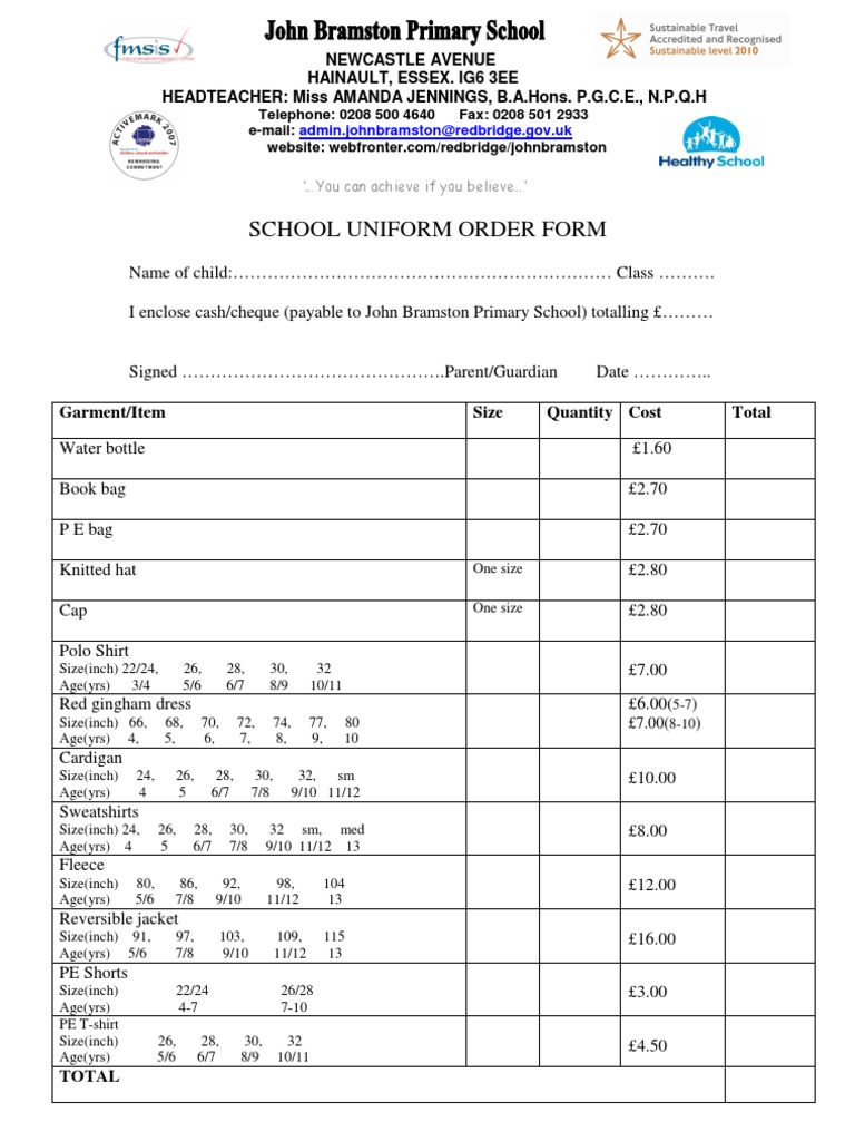 John Bramston School Uniform Order Form | PDF | Clothing | Uniforms