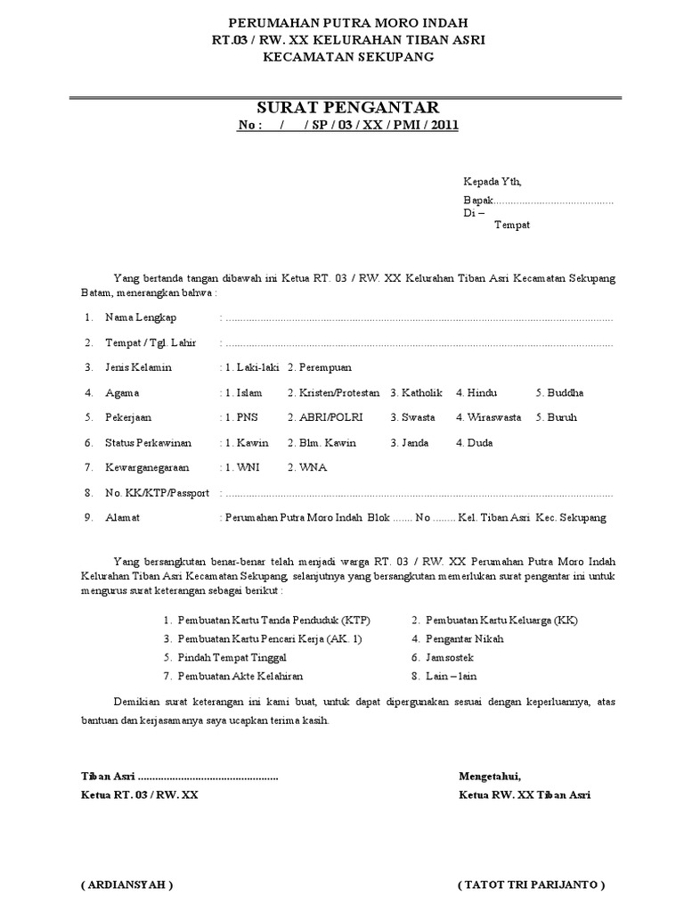 Surat Pengantar RT untuk Berbagai Keperluan | PDF