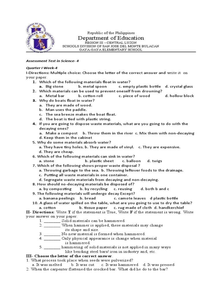 Department of Education: Assessment Test in Science-4 Quarter I Week-4 ...