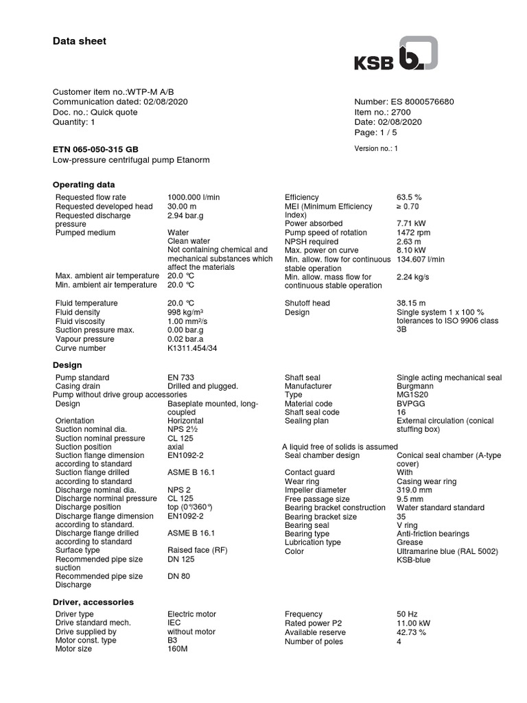 Operating Data WTPM A B KSB Pump PDF Pump Bearing (Mechanical)