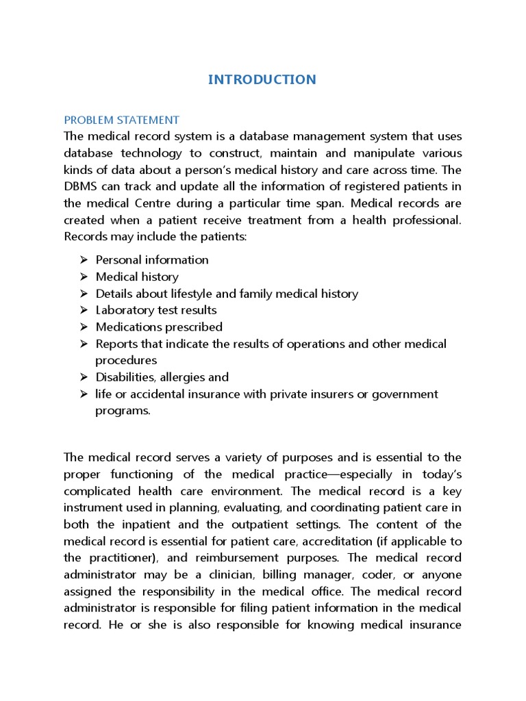Medical Record Database Management Syste PDF Medical Record Patient