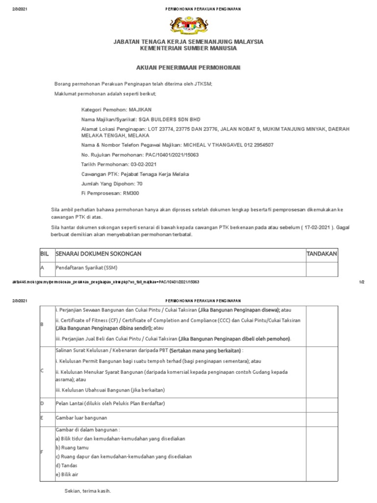 Jtk Permohonan Perakuan Penginapan Pdf