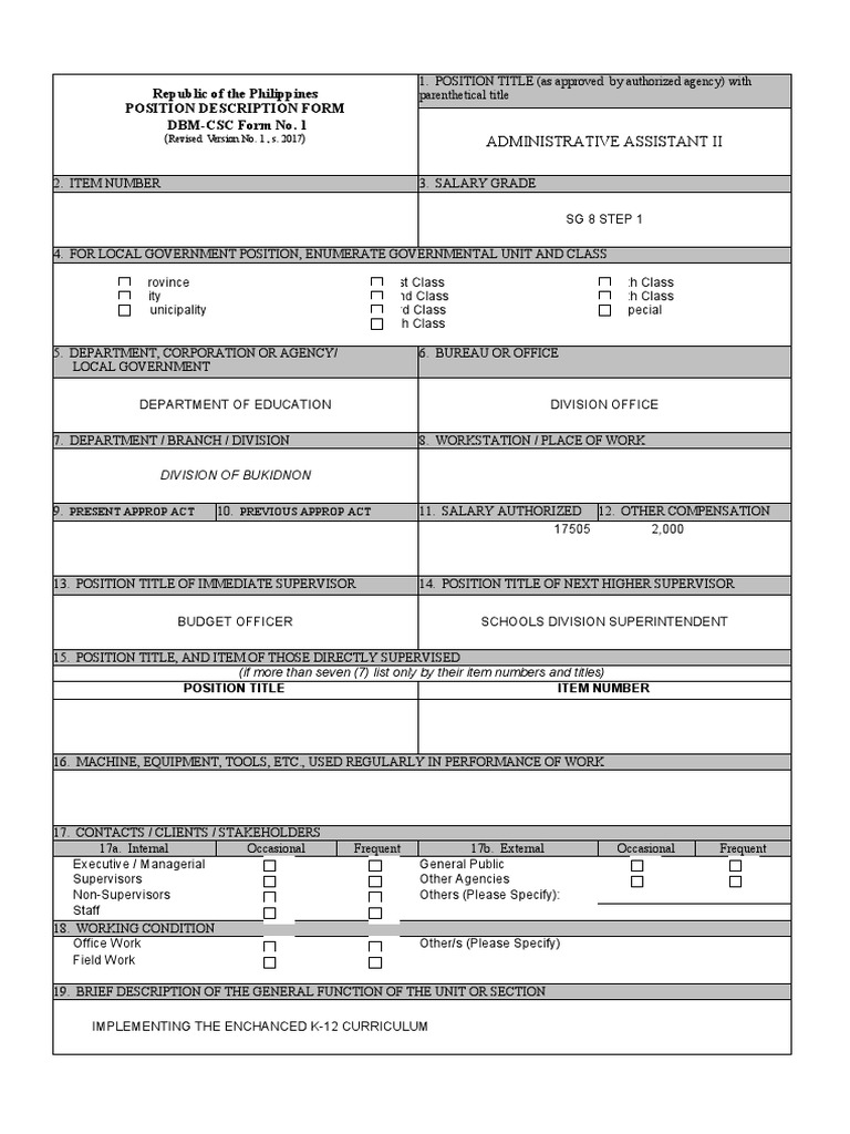 DBM CSC Form No. 1 Position Description Forms ADAS 2 PDF Business