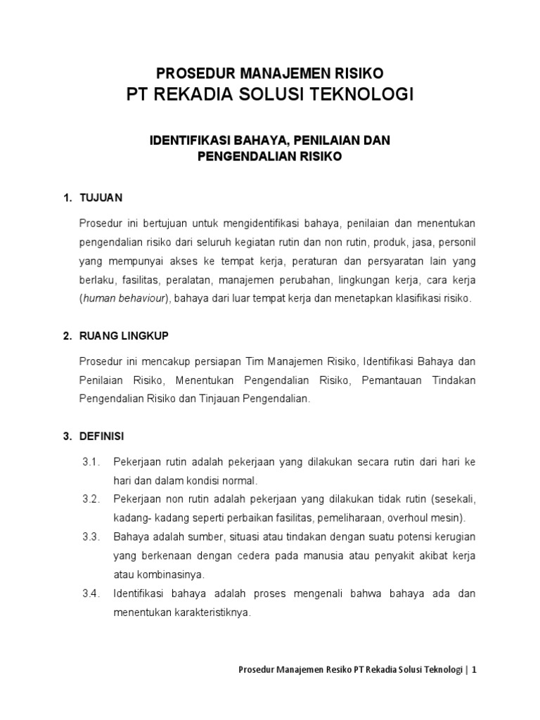 Prosedur Manajemen Risiko K3 Rekadia | PDF