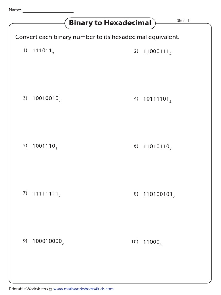 Binary to Hexadecimal Conversion Worksheet | PDF