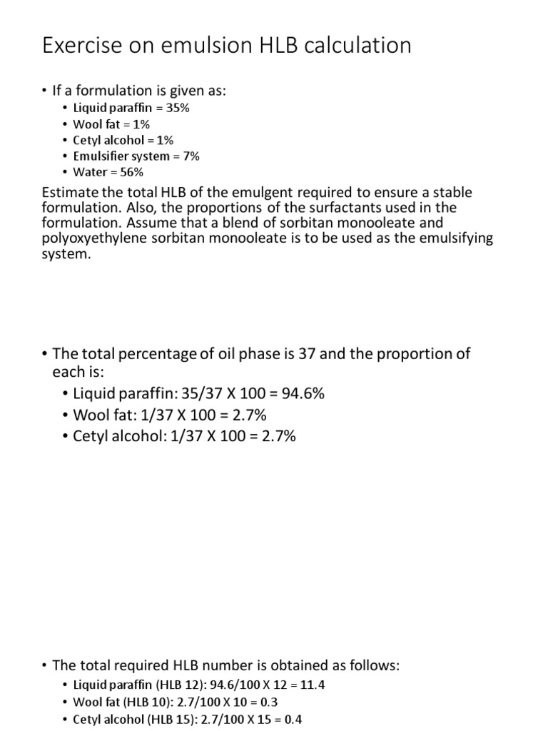 Exercise On Emulsion HLB Calculation | PDF | Emulsion | Surface Science