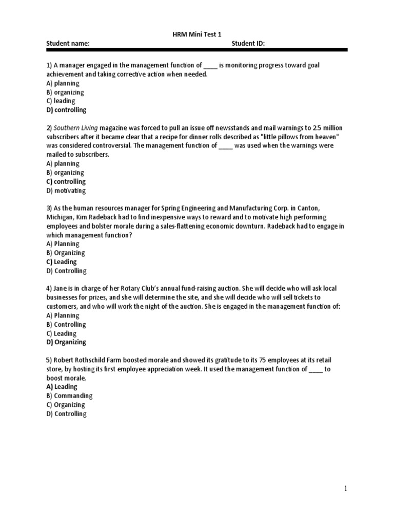 HRM Mini Test 1 Student Name: Student ID | PDF | Human Resource ...