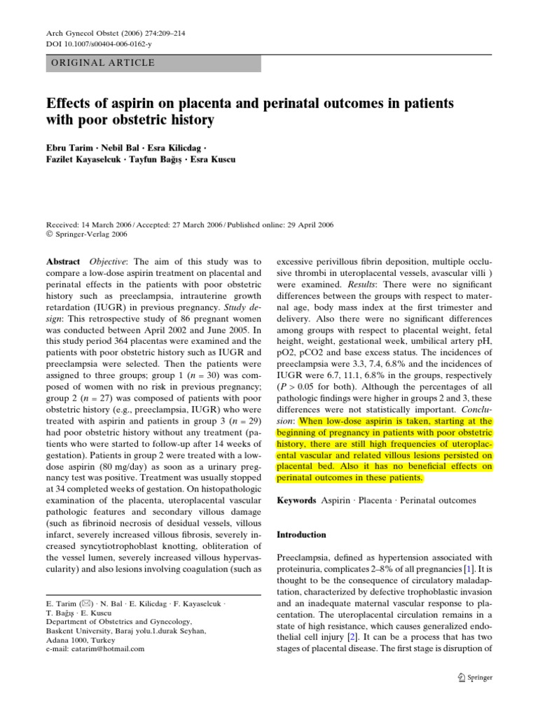 Effects of Aspirin On Placenta PDF Motherhood Pregnancy