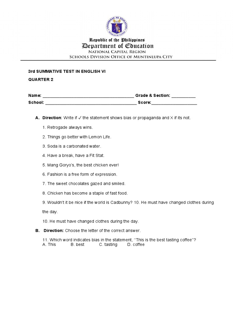 3rd Summative Test in English Quarter 2 | PDF | Carbohydrates | Foods