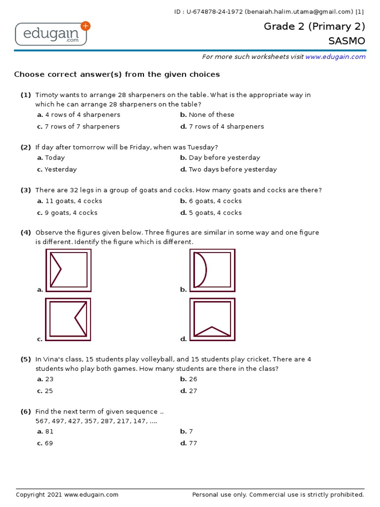 Grade 2 (Primary 2) Sasmo: Choose Correct Answer(s) From The Given ...