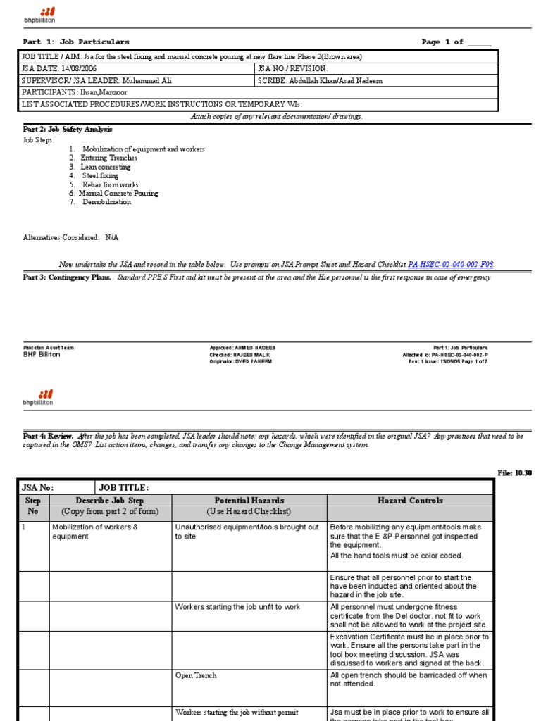 JSA for Manual Concrete Pouring | PDF | Personal Protective Equipment ...
