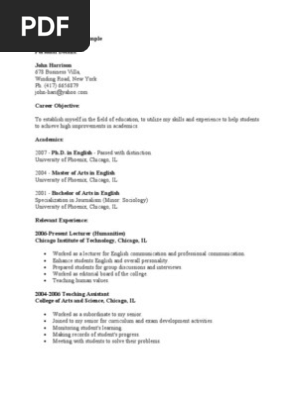 Lecturer Resume Example