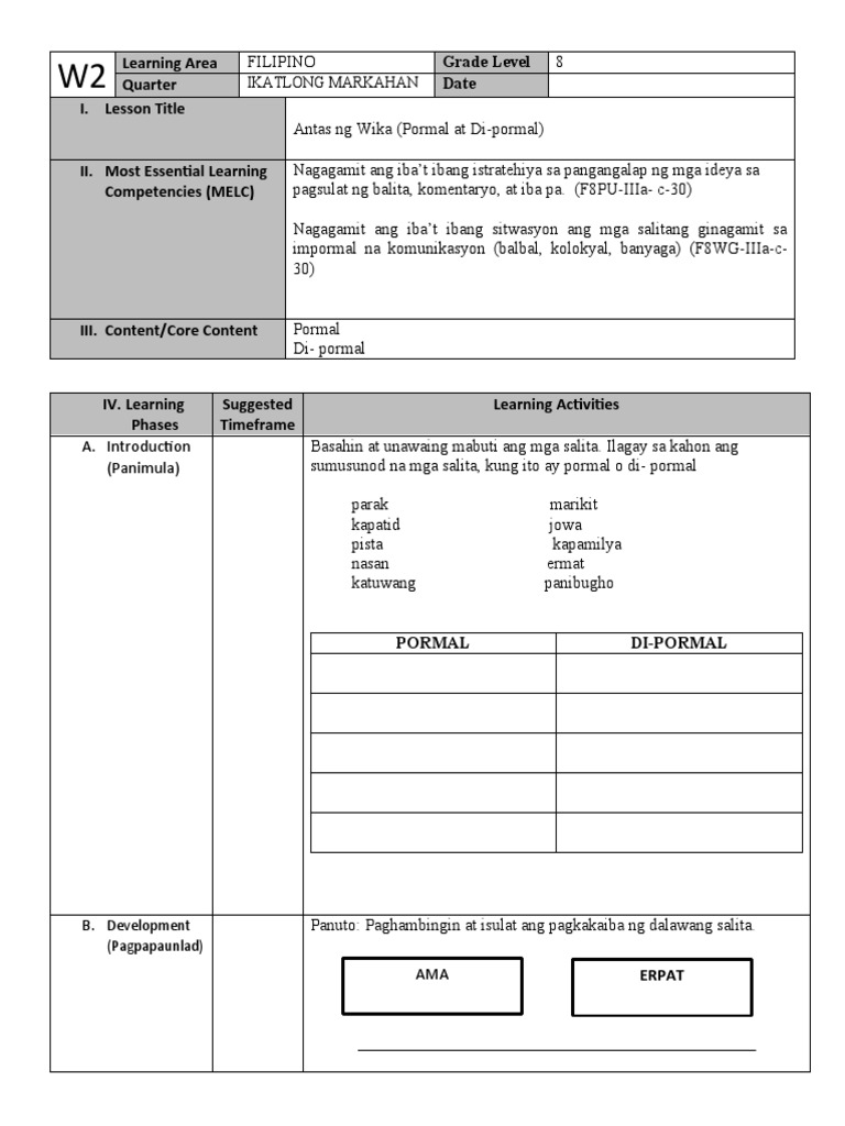G 8 Learning Packet Filipino Week 2 1 | PDF