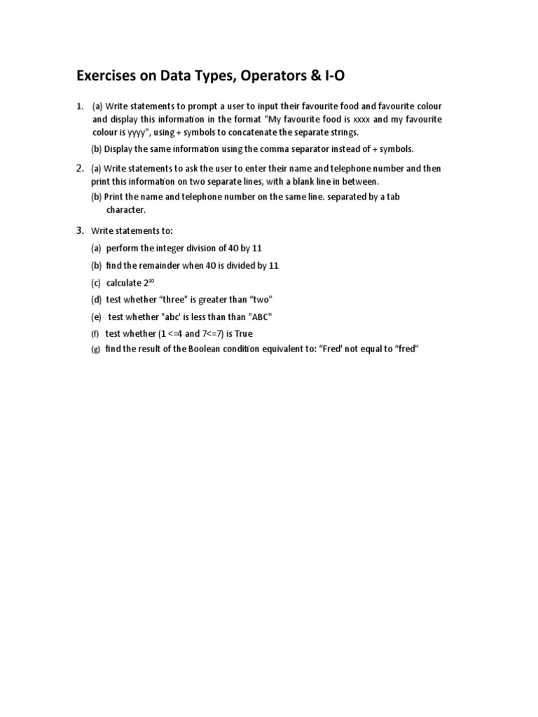Data Types and User Input Exercises | PDF