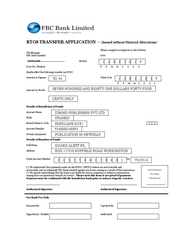 Rtgs Transfer Application (Issued Without Material Alterations