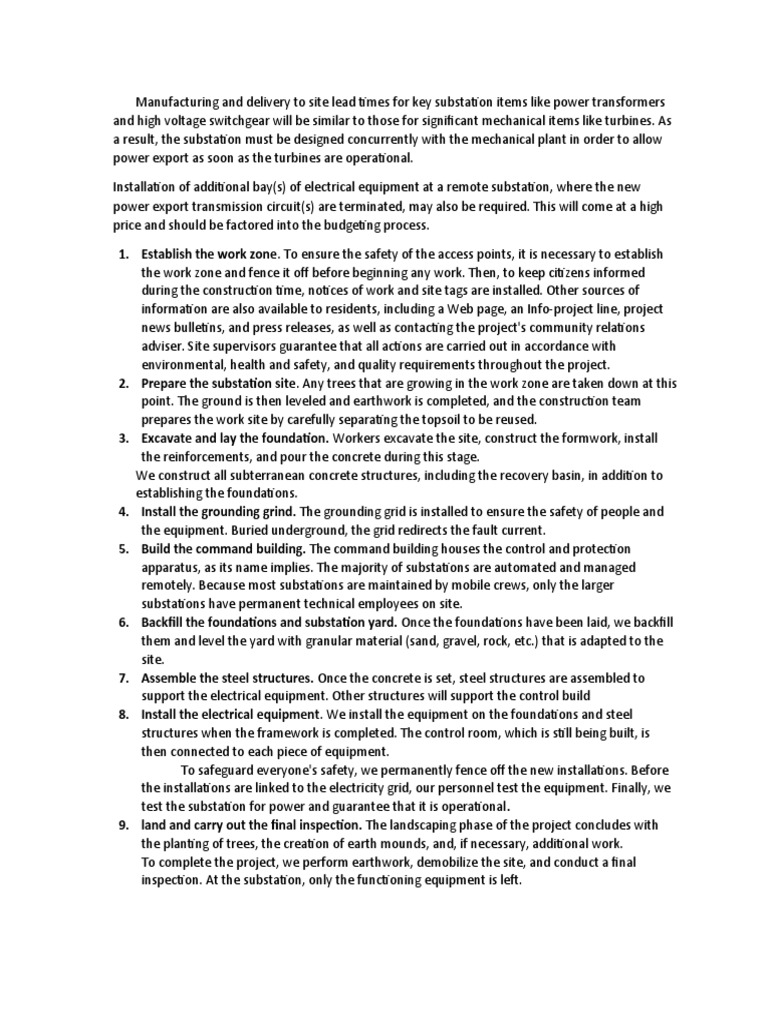Manufacturing and Delivery To Site Lead Times For Key Substation Items