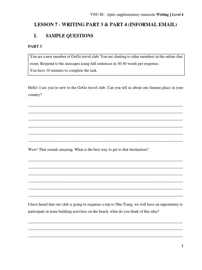 Lesson 7 - Writing Part 3 & Part 4 (Informal Email) : I. Sample ...