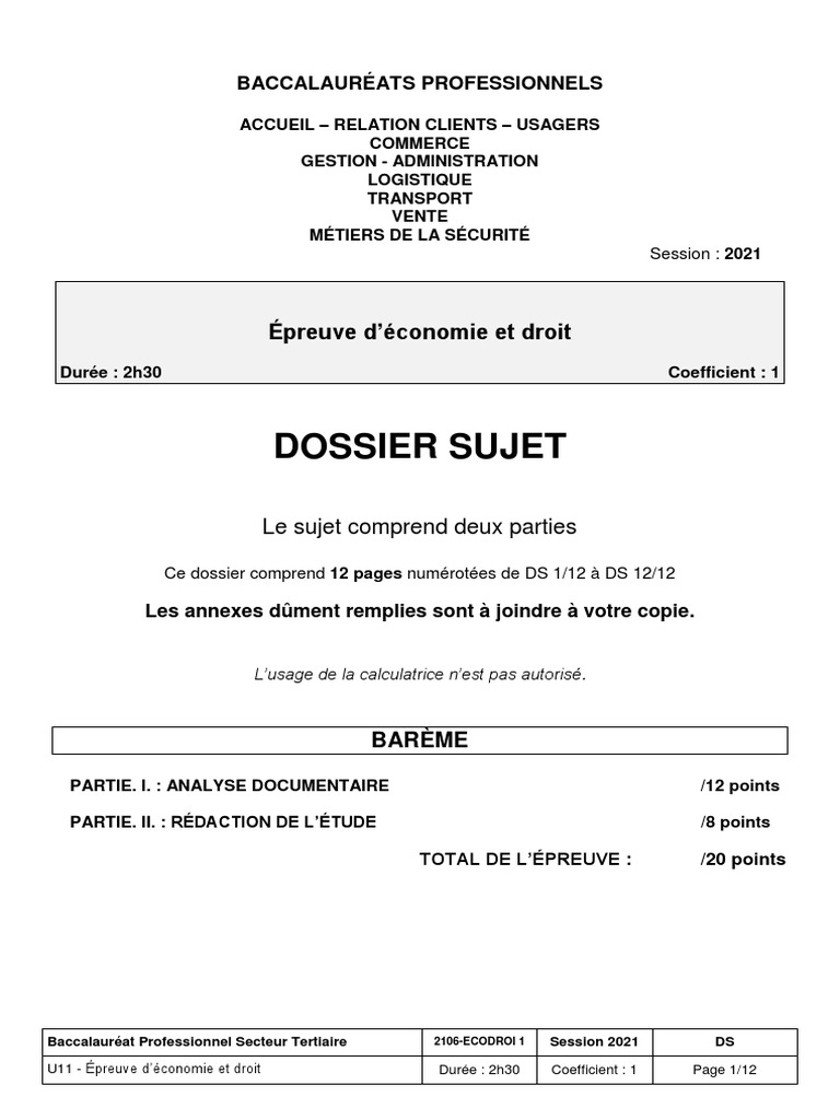 Eco Droit Bac Pro Corrigé Pdf 2021