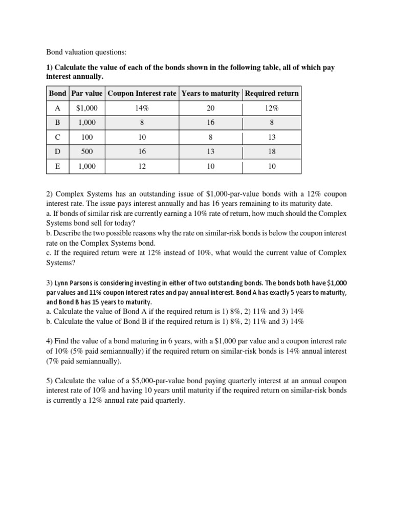 Bond Valuation Questions | PDF | Business | Finance & Money Management