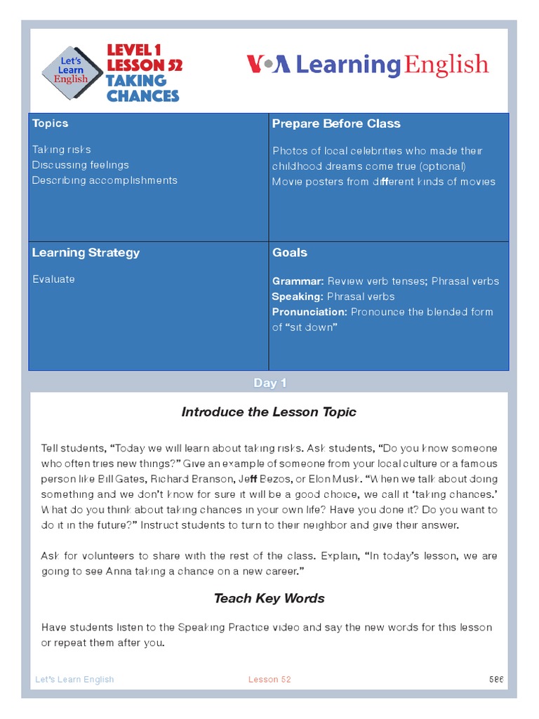 Lesson 52: Taking Risks in English | PDF | Phrase | Adverb