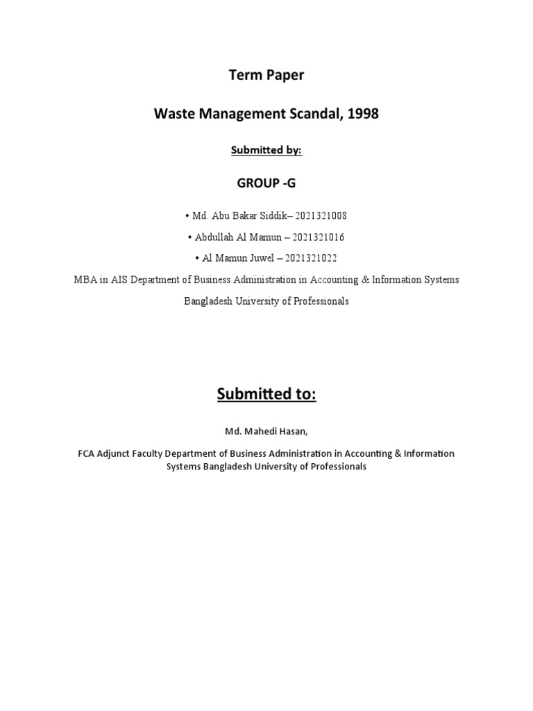 Term Paper Waste Management Scandal, 1998 Submitted To PDF Auditor