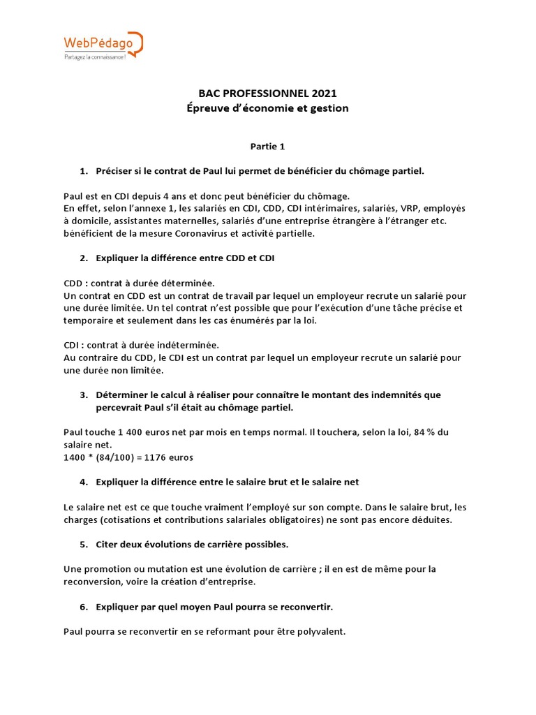 Correction Bac Pro 2022 Bac Pro Eco Gestion Corrige | PDF | Intérim (travail) | Salaires