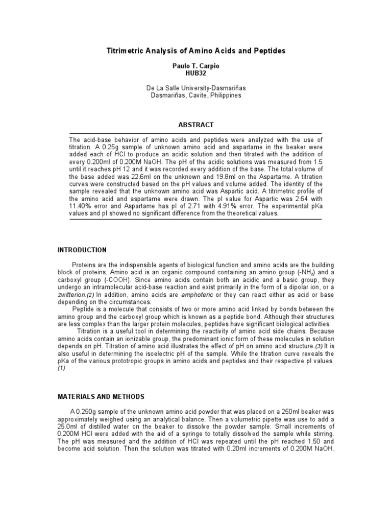 Titrimetric Analysis of Amino Acids and Peptides PDF Titration