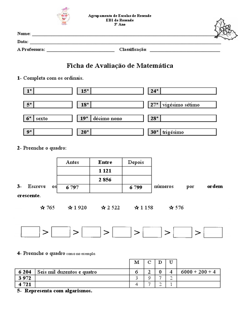 Ficha de Avaliação 1º Período de Matemática 3º Ano | Download grátis ...