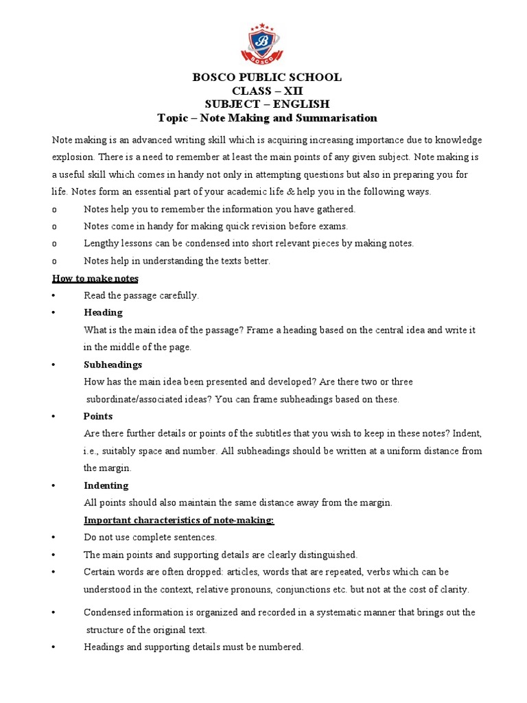 Bosco Public School Class - Xii Subject - English Topic - Note Making ...