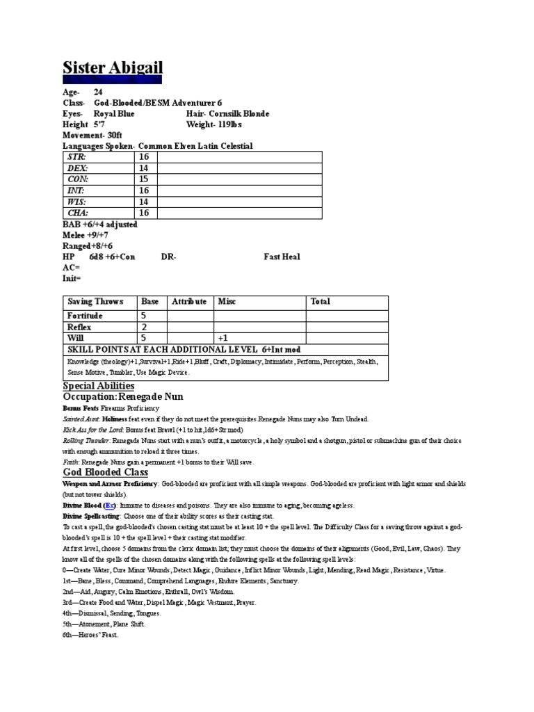 Sister Abigail: STR: Dex: Con: Int: Wis: Cha | PDF | Weaponry | Leisure