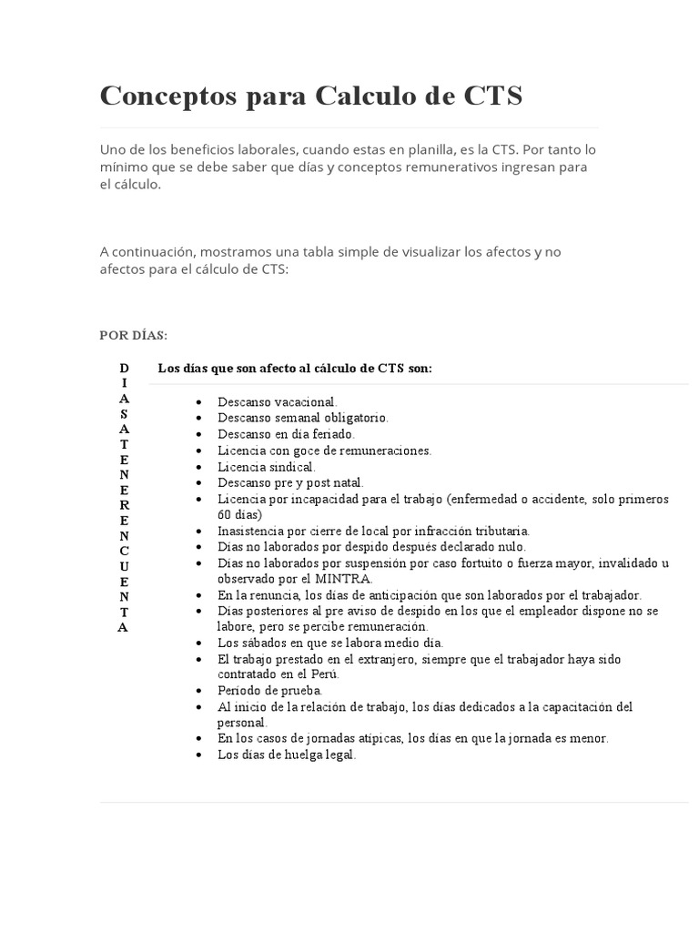 Cálculo de CTS: Días y Conceptos Clave | PDF | Negocios