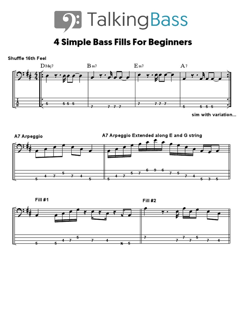 4 Simple Bass Fills For Beginners: D B E A | PDF | Musical Instruments ...