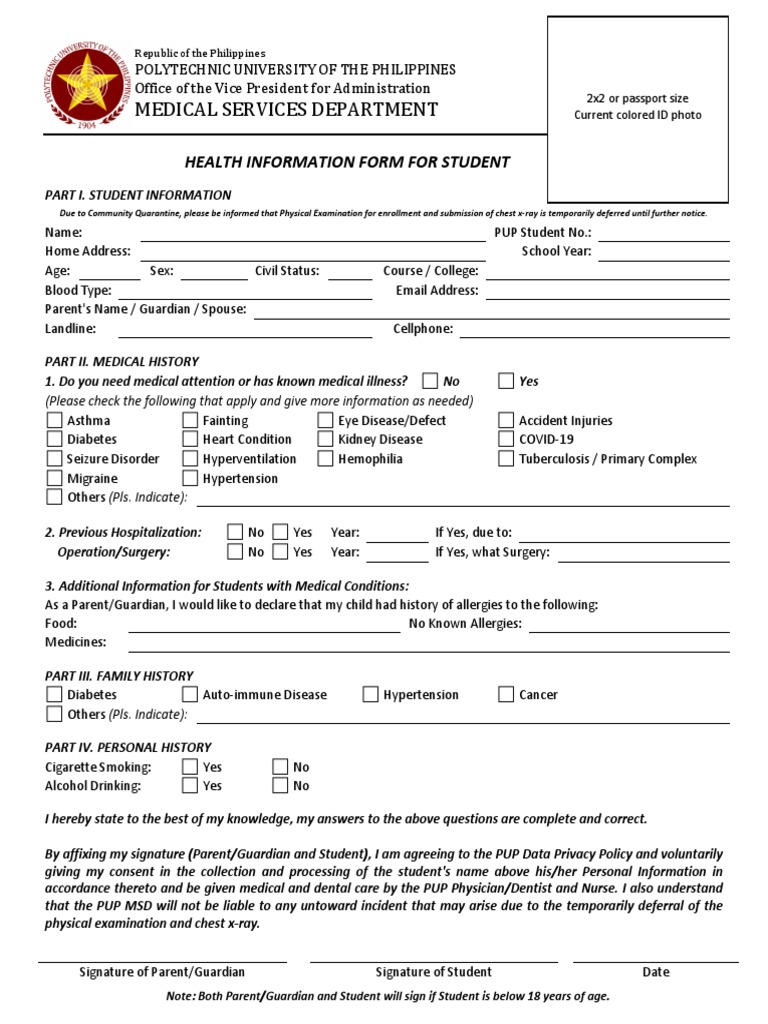 PUP Student Health Information Form | PDF | Physical Examination ...