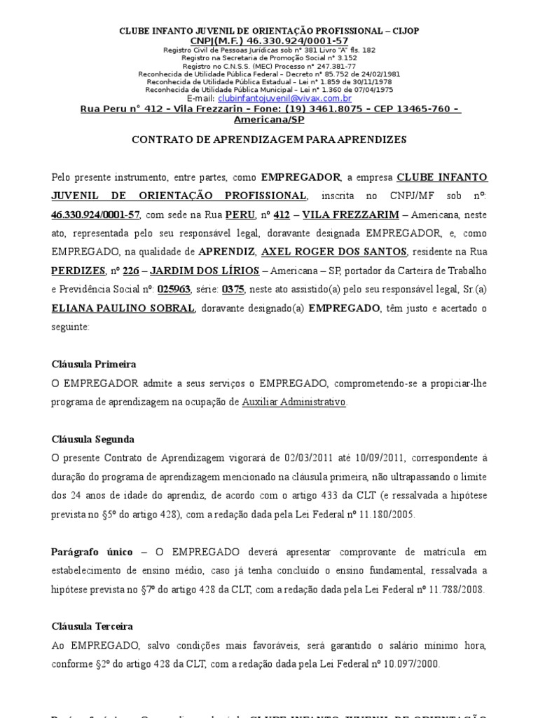 Contrato Menor Aprendiz | Descargar gratis PDF | Salário | Estatuto