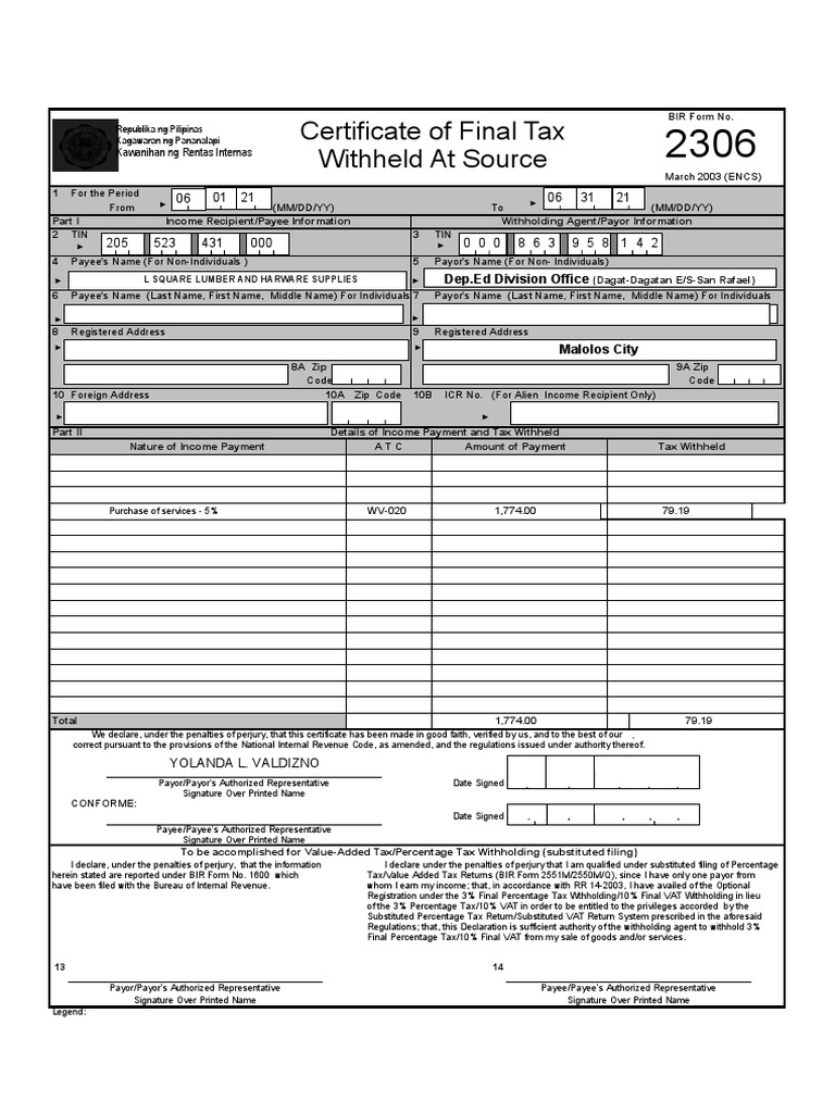 Certificate of Final Tax Withheld at Source: Kawanihan NG Rentas ...