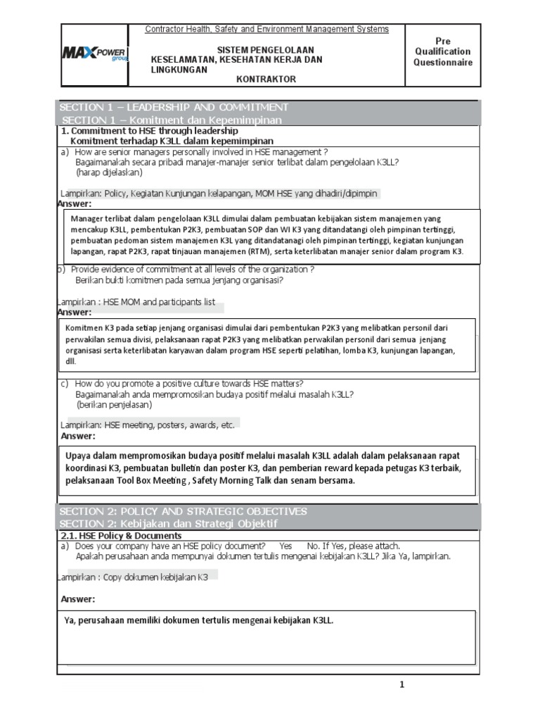 PQ Questionnaire untuk Sistem HSE Kontraktor | PDF