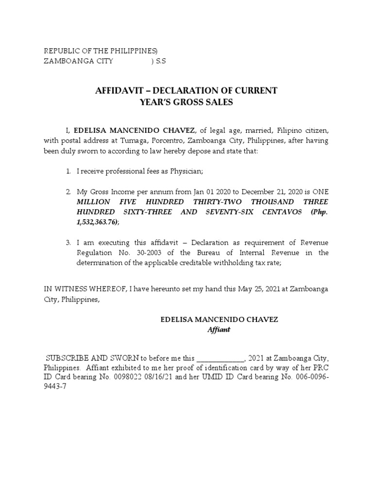 Affidavit of Gross Sales 2020 | PDF